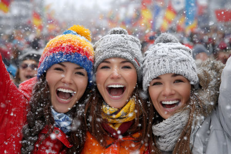 Three young women smiling and cheering during a snowy outdoor eventの素材