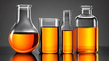 Laboratory glassware holding a vibrant orange liquid arranged on a reflective surfaceの素材