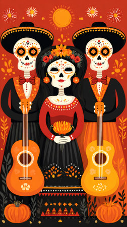 Calavera skeletons celebrating dia de los muertos with guitars and traditional decorationsの素材
