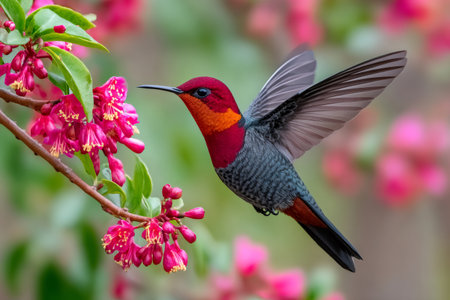 Hummingbird hovering while collecting nectar from blooming pink flowers in a gardenの素材