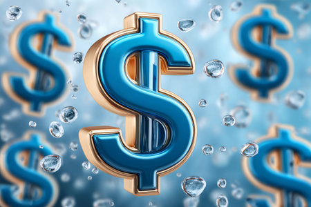 Blue dollar sign symbols floating in water with rising bubblesの素材