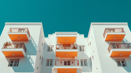 White art deco building showcasing orange balconies under a clear turquoise skyの素材