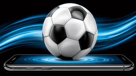 Soccer ball on a mobile phone screen with digital blue lightの素材
