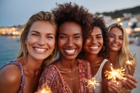 Group of happy multiracial women friends celebrating together holding sparklers at nightの素材