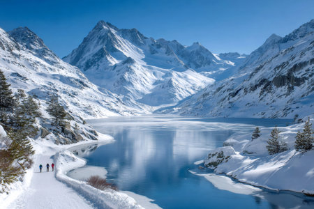 Three people walking on a snowy path by a partially frozen lake reflecting immense white mountainsの素材