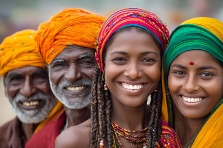 Four Indian people smiling, wearing traditional clothing and turbans, showing happiness and cultureの素材