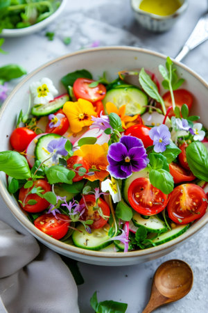 Colorful garden salad with mixed greens, cherry tomatoes, cucumber, radishes, and edible blossomsの素材