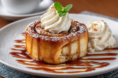 Sweet cinnamon roll dessert topped with caramel sauce, whipped cream, powdered sugar, and mintの素材