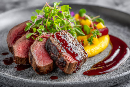 Juicy beef steak with garnish and berry sauce on a textured plateの素材