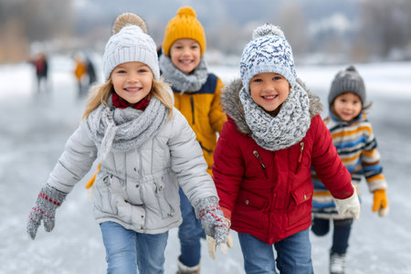 Smiling children enjoying outdoor ice skating activity together on a cold winter dayの素材