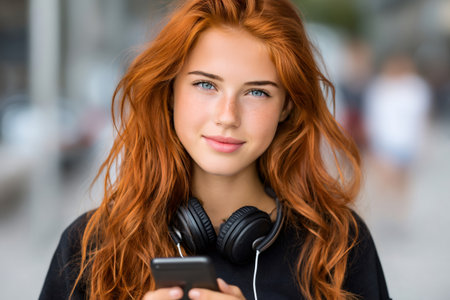 Young redhead woman with blue eyes and freckles smiling at camera outdoorsの素材
