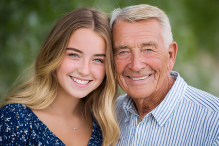 Smiling grandfather and granddaughter sharing a happy moment, representing different generations and family bondsの素材