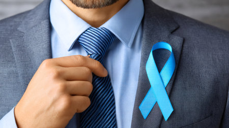 Man adjusting tie with blue ribbon for men's health awarenessの素材