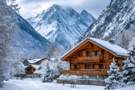 Chalet in a snowy alpine village with mountains in the backgroundの素材