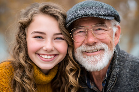 Grandfather and granddaughter smiling happily, representing family and care across generationsの素材