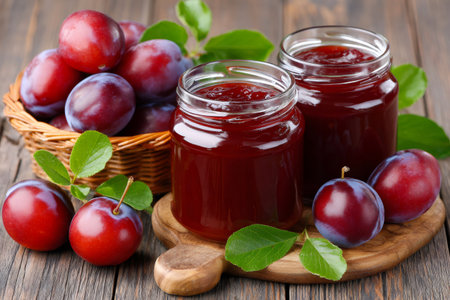 Plums and delicious homemade plum jam in glass jars on a rustic timber backgroundの素材