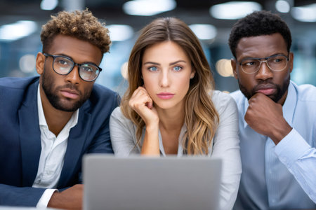Diverse business colleagues working together, concentrating on a laptop screen in the officeの素材