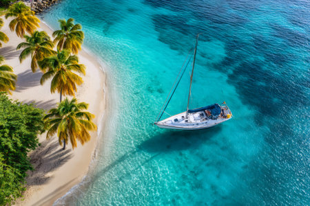Sailboat on turquoise ocean water near a white sand beach and lush palms, providing vacation and escape conceptsの素材