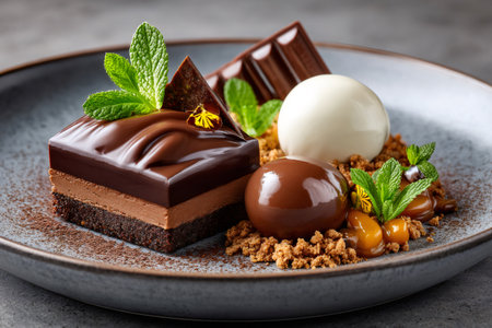 Gourmet chocolate dessert featuring multiple textures, flavors, and a refreshing mint garnishの素材