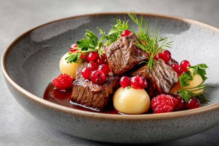 Plating succulent beef stew with potato balls, red currants, and fresh herbs in a ceramic bowlの素材