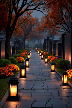 Cemetery path featuring lanterns, tombstones, and vibrant autumn foliage under a night skyの素材