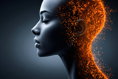 Female profile visualizing artificial intelligence and futuristic technology with glowing dataの素材