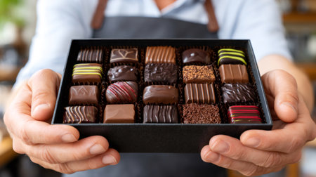 Chocolatier offering a gift box filled with assorted sweet chocolate treatsの素材