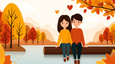 Young couple sitting on a log by a lake, surrounded by colorful autumn trees and floating heartsの素材
