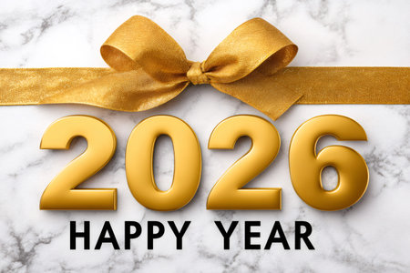 Golden 2026 lettering and happy year text with a ribbon on a marble background, symbolizing a festive greetingの素材