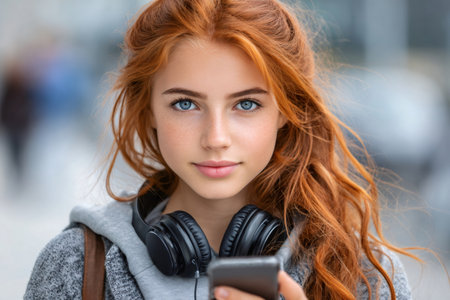 Young woman with red hair and freckles gazing directly, listening to music on smartphoneの素材