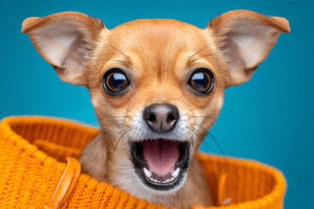 Small chihuahua dog with wide eyes peeking from an orange sweater on a blue backgroundの素材