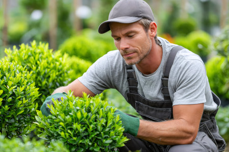 Professional gardener tending boxwood plants in a plant nurseryの素材