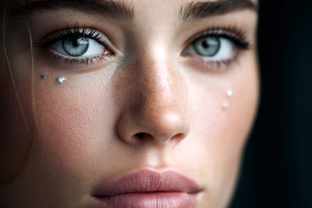 Woman's face featuring blue eyes, freckles, and star glitter makeup on her cheekの素材