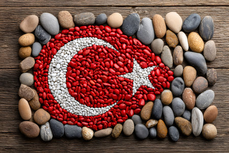 Turkish flag artwork made from red and white pebbles arranged on a wooden backgroundの素材