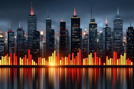 Night cityscape with glowing financial graphs and data reflecting on waterの素材