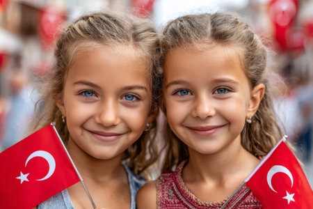 Two young girls smiling and holding national flags, expressing patriotismの素材