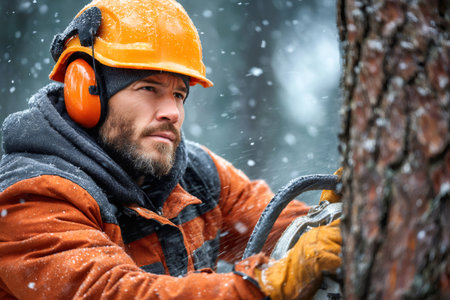 Lumberjack man wearing protective gear cutting tree in snowy winter forestの素材