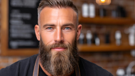 Confident barista man wearing an apron, looking at the camera with a slight smileの素材