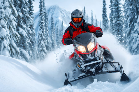 Person riding a snowmobile on a snowy mountain trail, splashing powder snowの素材