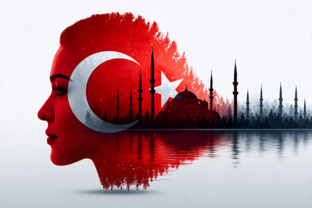 Woman's head overlaying istanbul mosque skyline with turkey flag colors, reflecting on waterの素材