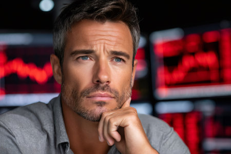 Concerned investor reacting to stock market slump with red charts showing lossの素材