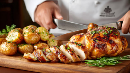 Chef slicing perfectly roasted chicken with crispy roasted potatoes, fresh rosemary and herbs on a wooden cutting boardの素材