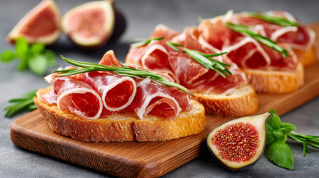 Savory prosciutto and sweet fig crostini appetizers showcasing gourmet Italian foodの素材