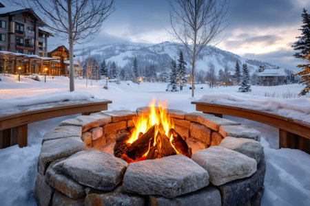 Fire pit creating warmth and cozy atmosphere in a snow covered winter wonderlandの素材