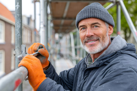 Experienced man wearing work gloves and beanie on a construction siteの素材