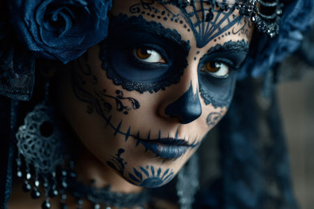Woman's face depicting elaborate calavera catrina makeup with blue rosesの素材
