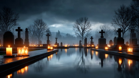 Cemetery graves and water reflecting candle lights under a dark skyの素材