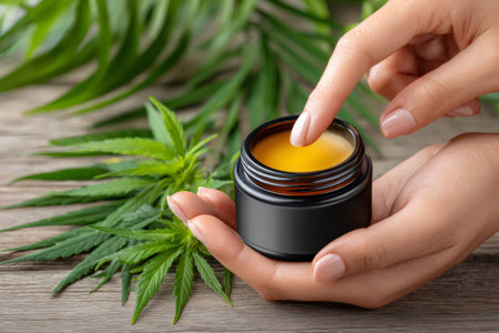 Woman's hands applying natural cannabis infused cosmetic balm for beauty and wellnessの素材