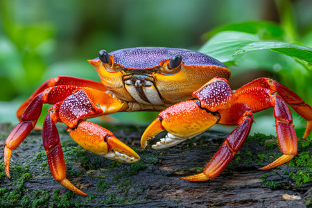 Red land crab with a purple carapace and yellow body on a mossy logの素材