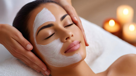 Woman receiving a facial treatment with a white mask applied to her faceの素材